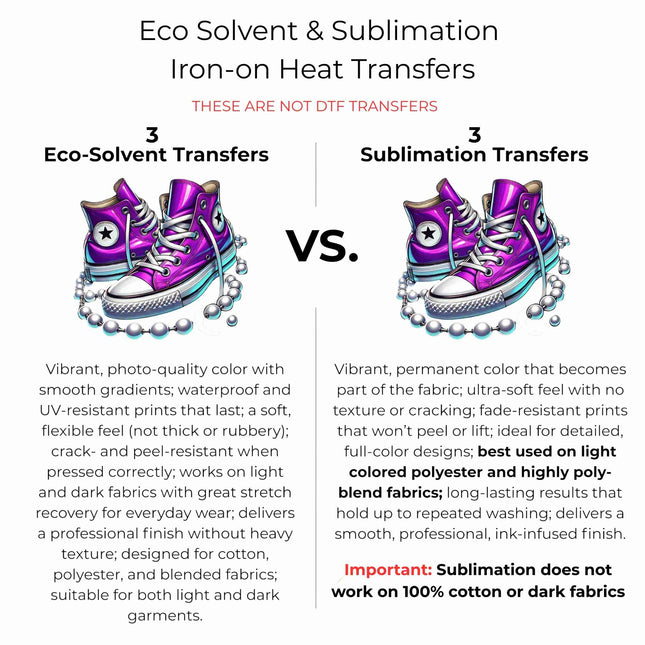 Orchid High-Tops 6-Pack DIY Bundle – 3 Eco-Solvent Iron-On Heat Transfers + 3 Sublimation Iron-On Heat Transfers, Ready to Press. Bonus: 4 Matching 2-Inch Stickers