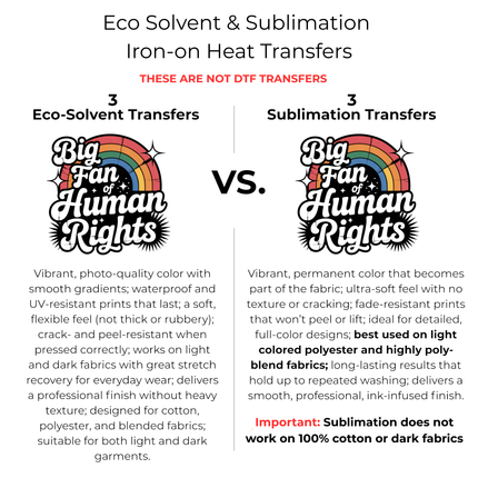 Big Fan of Human Rights 6-Pack Ready-to-Press DIY Bundle – 3 Eco-Solvent + 3 Sublimation Iron-on Heat Transfers with 4 Bonus 2-Inch Stickers