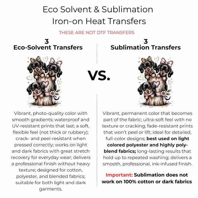 Bow-Tied Puppy Trio 6-Pack DIY Bundle – 3 Eco-Solvent Iron-On Heat Transfers + 3 Sublimation Iron-On Heat Transfers, Ready to Press. Bonus: 4 Matching 2-Inch Stickers