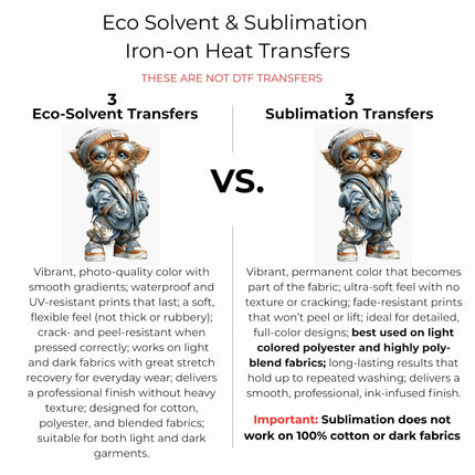 Urban Whisker Kid 6-Pack DIY Bundle – 3 Eco-Solvent Iron-On Heat Transfers + 3 Sublimation Iron-On Heat Transfers, Ready to Press. Bonus: 4 Matching 2-Inch Stickers