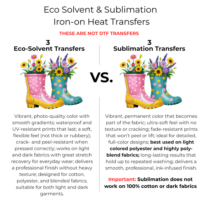 Bloom Boots 3 Eco-Solvent Iron-On Heat Transfers + 3 Sublimation Iron-On Heat Transfers, Ready to Press. Bonus: 4 Matching 2-Inch Stickers