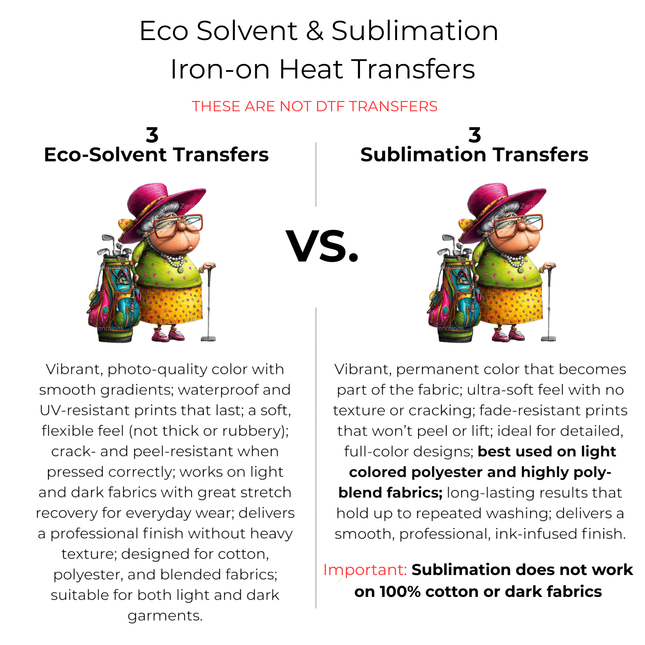 Grandma Fairway Flo 6-Pack DIY Bundle – 3 Eco-Solvent Iron-On Heat Transfers + 3 Sublimation Iron-On Heat Transfers, Ready to Press. Bonus: 4 Matching 2-Inch Stickers