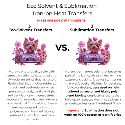 Petal Cruiser Yorkie 3 Eco-Solvent Iron-On Heat Transfers + 3 Sublimation Iron-On Heat Transfers, Ready to Press. Bonus: 4 Matching 2-Inch Stickers