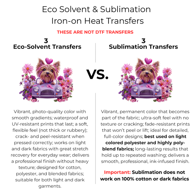 Petal Cruiser Yorkie 3 Eco-Solvent Iron-On Heat Transfers + 3 Sublimation Iron-On Heat Transfers, Ready to Press. Bonus: 4 Matching 2-Inch Stickers