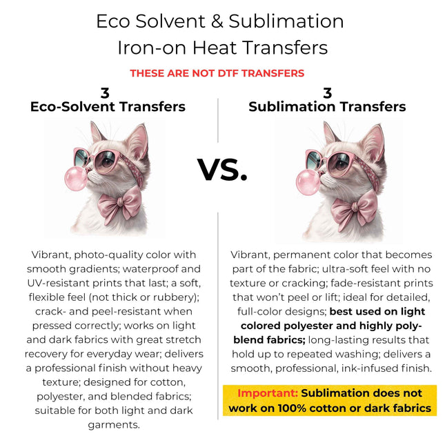 Bubblegum Glam Kitty 6-Pack Crafter’s & DIY Bundle – 3 Eco-Solvent + 3 Sublimation Ready-to-Press Iron-On Heat Transfers for T-Shirts, Tote Bags & More, + Bonus 4 Matching 2-Inch Stickers