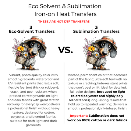 Bloom Basket Dachshund 6-Pack Ready-to-Press DIY Bundle – 3 Eco-Solvent + 3 Sublimation Iron-on Heat Transfers with 4 Bonus 2-Inch Stickers