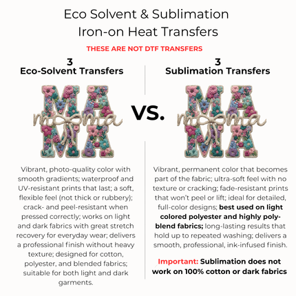 Floral Mama Tan Monogram 6-Pack Ready-to-Press DIY Bundle – 3 Eco-Solvent + 3 Sublimation Iron-on Heat Transfers with 4 Bonus 2-Inch Stickers