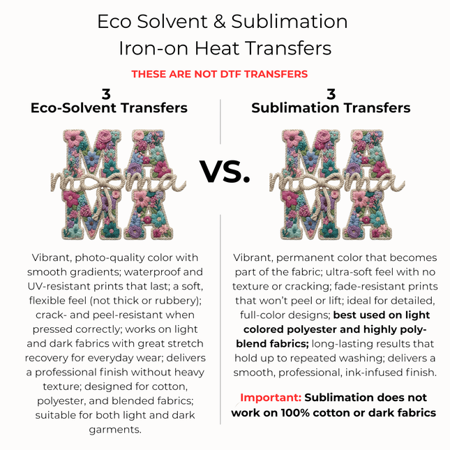 Floral Mama Tan Monogram 6-Pack Ready-to-Press DIY Bundle – 3 Eco-Solvent + 3 Sublimation Iron-on Heat Transfers with 4 Bonus 2-Inch Stickers