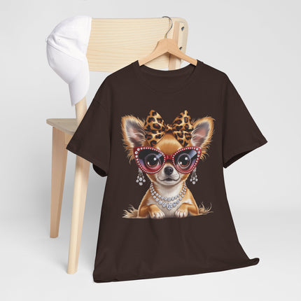 Chic Chihuahua Tee — Leopard Bow & Pearl Dog Graphic T-Shirt