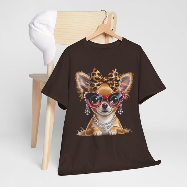 Chic Chihuahua Tee — Leopard Bow & Pearl Dog Graphic T-Shirt