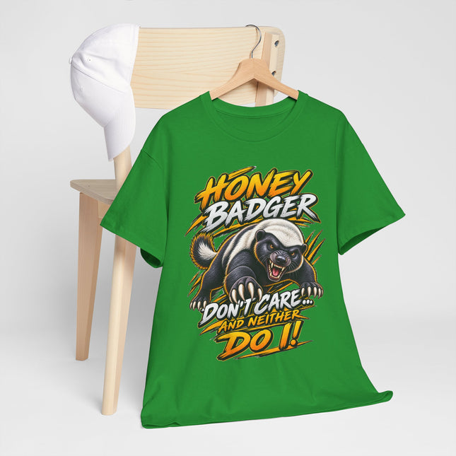 Honey Badger Graphic Tee - "Honey Badger Don't Care and Neither Do I" Bold Animal Illustration Shirt