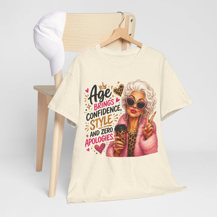 T-Shirt — "Age Brings Confidence, Style & Zero Apologies" Retro Glam Senior Woman Graphic Tee