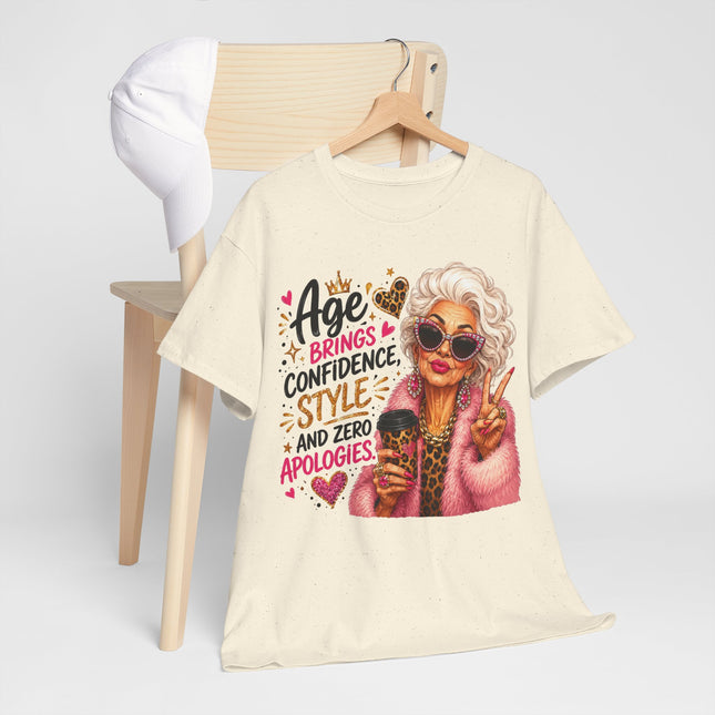 T-Shirt — "Age Brings Confidence, Style & Zero Apologies" Retro Glam Senior Woman Graphic Tee