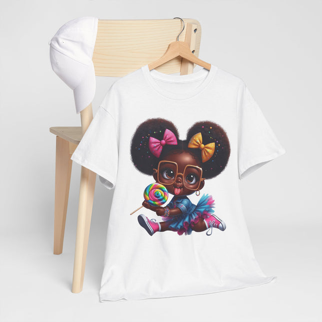 Sweet Pop Princess 🍭 Graphic Tee — Cute Afro Puff Girl with Lollipop