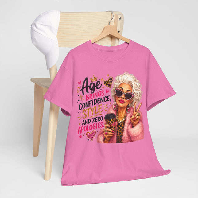 T-Shirt — "Age Brings Confidence, Style & Zero Apologies" Retro Glam Senior Woman Graphic Tee