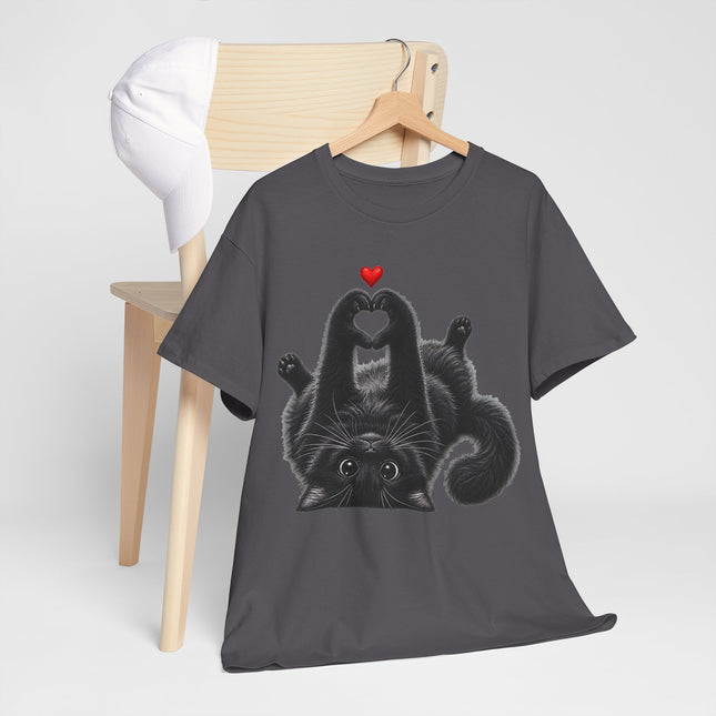 Cat Heart Tee — Cute Black Cat Lying Upside Down with Heart Graphic