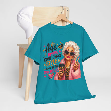 T-Shirt — "Age Brings Confidence, Style & Zero Apologies" Retro Glam Senior Woman Graphic Tee