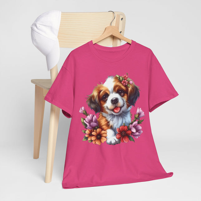 Cute Puppy Floral T‑Shirt — Happy Dog with Flowers Graphic Tee