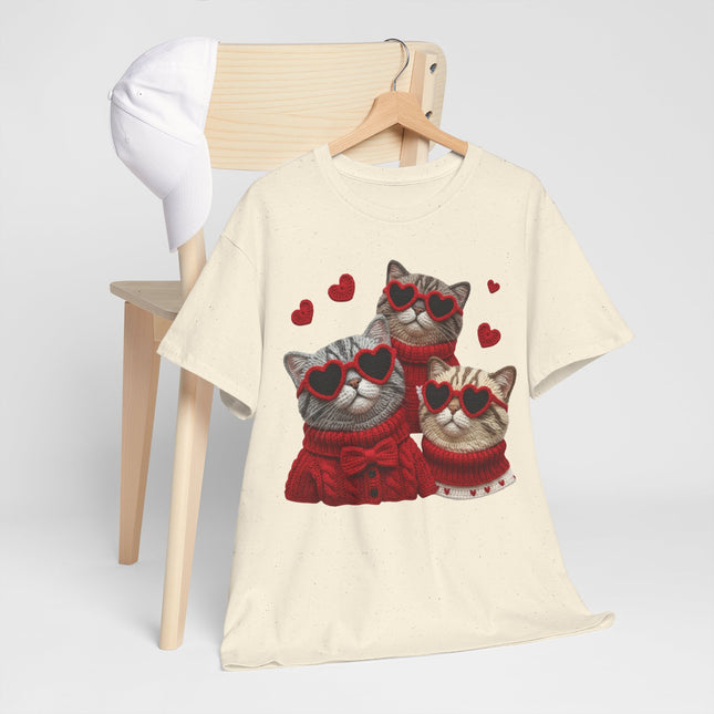 Faux Yarn "Cool Kittens"  T-Shirt — Trio of Cute Cats in Heart Sunglasses