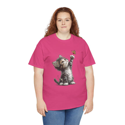 Whimsical Spring Cat #5 - Kitten Reaching for Butterfly Tee | Cute Cat Illustration Shirt
