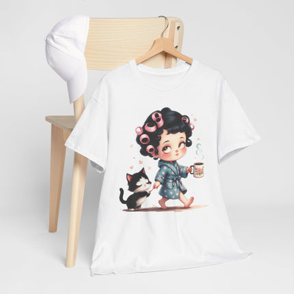 Cute Morning Routine Tee — Cartoon Girl in Rollers with Cat & Coffee
