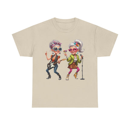 Senior Rock Duo Graphic Tee — Retro Grandmas Singing & Playing Guitar
