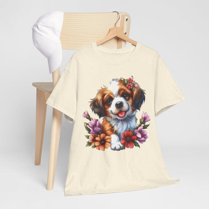Cute Puppy Floral T‑Shirt — Happy Dog with Flowers Graphic Tee