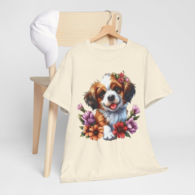 Cute Puppy Floral T‑Shirt — Happy Dog with Flowers Graphic Tee