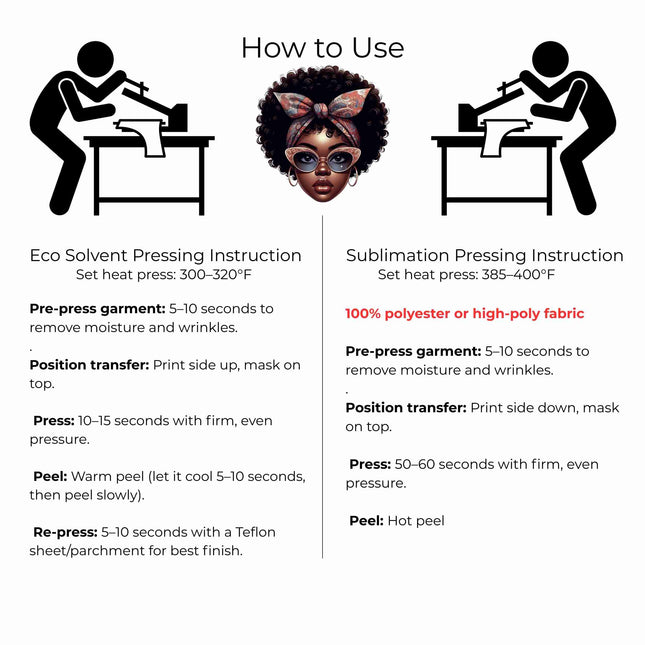 Retro Bow Afro Beauty 6-Pack DIY Bundle – 3 Eco-Solvent Iron-On Heat Transfers + 3 Sublimation Iron-On Heat Transfers, Ready to Press. Bonus: 4 Matching 2-Inch Stickers