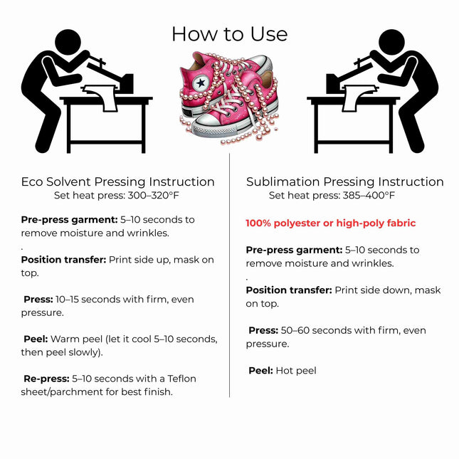 Blush Pearl High-Tops 6-Pack DIY Bundle – 3 Eco-Solvent Iron-On Heat Transfers + 3 Sublimation Iron-On Heat Transfers, Ready to Press. Bonus: 4 Matching 2-Inch Stickers