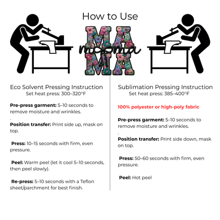 Floral Mama Black Monogram 6-Pack Ready-to-Press DIY Bundle – 3 Eco-Solvent + 3 Sublimation Iron-on Heat Transfers with 4 Bonus 2-Inch Stickers