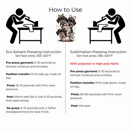 Bow-Tied Puppy Trio 6-Pack DIY Bundle – 3 Eco-Solvent Iron-On Heat Transfers + 3 Sublimation Iron-On Heat Transfers, Ready to Press. Bonus: 4 Matching 2-Inch Stickers