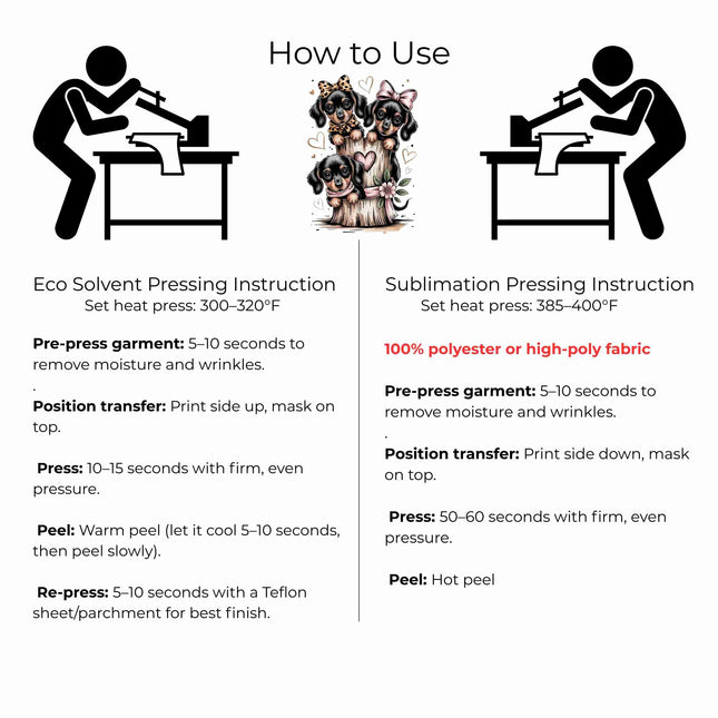 Bow-Tied Puppy Trio 6-Pack DIY Bundle – 3 Eco-Solvent Iron-On Heat Transfers + 3 Sublimation Iron-On Heat Transfers, Ready to Press. Bonus: 4 Matching 2-Inch Stickers