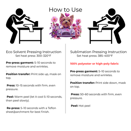 Petal Cruiser Yorkie 3 Eco-Solvent Iron-On Heat Transfers + 3 Sublimation Iron-On Heat Transfers, Ready to Press. Bonus: 4 Matching 2-Inch Stickers