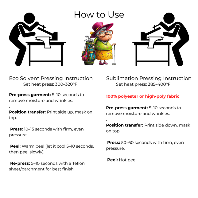 Grandma Fairway Flo 6-Pack DIY Bundle – 3 Eco-Solvent Iron-On Heat Transfers + 3 Sublimation Iron-On Heat Transfers, Ready to Press. Bonus: 4 Matching 2-Inch Stickers