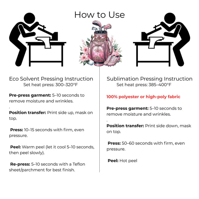 Blush Diamond Golf Queen 6-Pack Ready-to-Press DIY Bundle – 3 Eco-Solvent + 3 Sublimation Heat Transfers with 4 Bonus 2-Inch Stickers