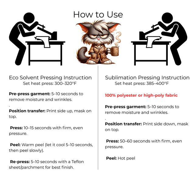 Grumpy Brew Feline 6-Pack Ready-to-Press DIY Bundle – 3 Eco-Solvent + 3 Sublimation Iron-on Heat Transfers with 4 Bonus 2-Inch Stickers