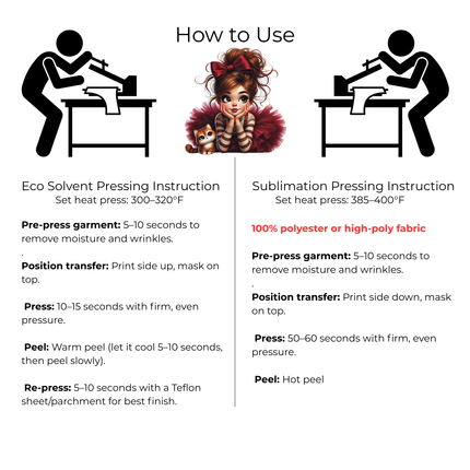 Scarlet Daydream Darling 3 Eco-Solvent Iron-On Heat Transfers + 3 Sublimation Iron-On Heat Transfers, Ready to Press. Bonus: 4 Matching 2-Inch Stickers