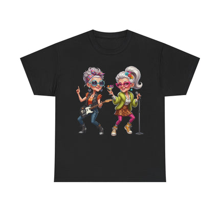Senior Rock Duo Graphic Tee — Retro Grandmas Singing & Playing Guitar