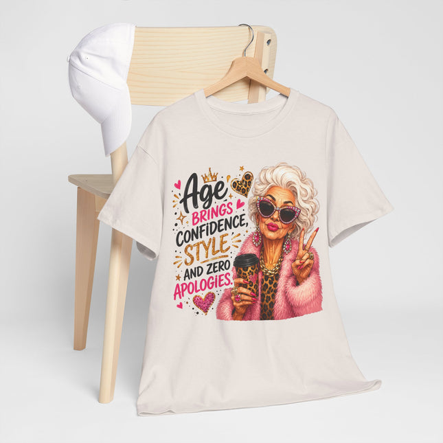 T-Shirt — "Age Brings Confidence, Style & Zero Apologies" Retro Glam Senior Woman Graphic Tee