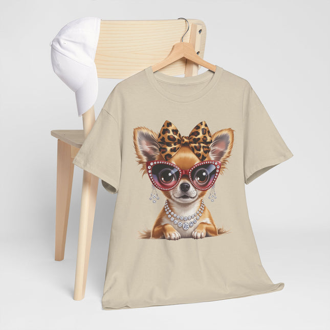 Chic Chihuahua Tee — Leopard Bow & Pearl Dog Graphic T-Shirt