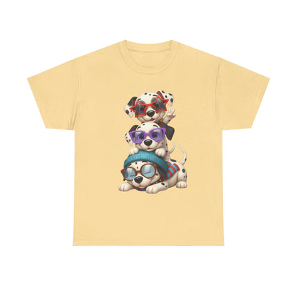 Cute Stacked Puppies T-Shirt – Cartoon Dogs Wearing Glasses & Beanie