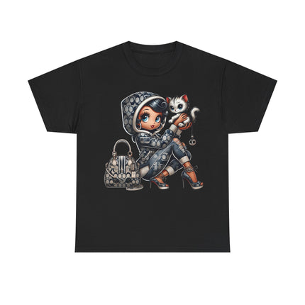 Retro Fashion Doll Tee with Cat – Cute Big Eye Cartoon Streetwear Graphic T-Shirt for Women Trendy Urban Style Top