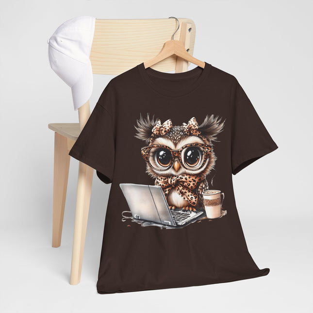 Cute Owl Working at Laptop T-Shirt — Coffee Lover Graphic Tee