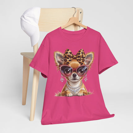 Chic Chihuahua Tee — Leopard Bow & Pearl Dog Graphic T-Shirt