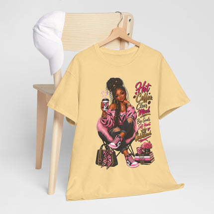 Graphic Tee — “Hot Cocoa, Close Friends, Big Goals” Pink Girl Illustration Shirt