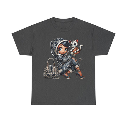Retro Fashion Doll Tee with Cat – Cute Big Eye Cartoon Streetwear Graphic T-Shirt for Women Trendy Urban Style Top