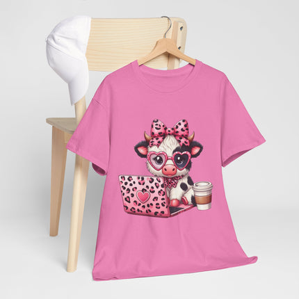 Cow With Laptop T-Shirt — Cute Pink Leopard Cow Working on Laptop with Coffee Tee