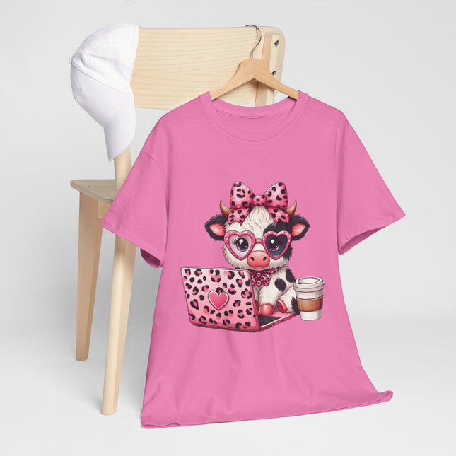 Cow With Laptop T-Shirt — Cute Pink Leopard Cow Working on Laptop with Coffee Tee