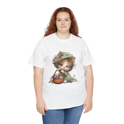 Whimsical Spring Cat #31 - Kitten Reaching for Butterfly Tee | Cute Cat Illustration Shirt